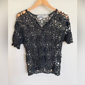 Vintage 90’s effeci Women’s Black Open-Knit Button-up Metallic Crochet Top Y2K